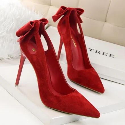 Latest Suede Women Office Shoes 10 CM High Heel Pointed Stilettos Shoes Trendy Bow Designer Women's Pumps