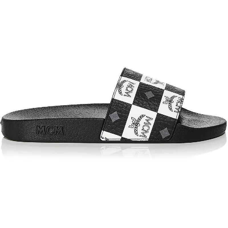 MCM Womens Monogram Slide Faux Leather Logo Slide Sandals