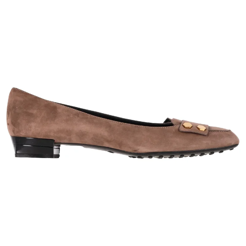 Tod’s Square-Toe Embellish Heeled Ballet Flats in Brown Suede