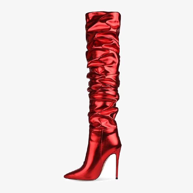 TX new design side zipper folding pointed toe  red ladies stiletto shoes over the knee long boots thigh high  for women